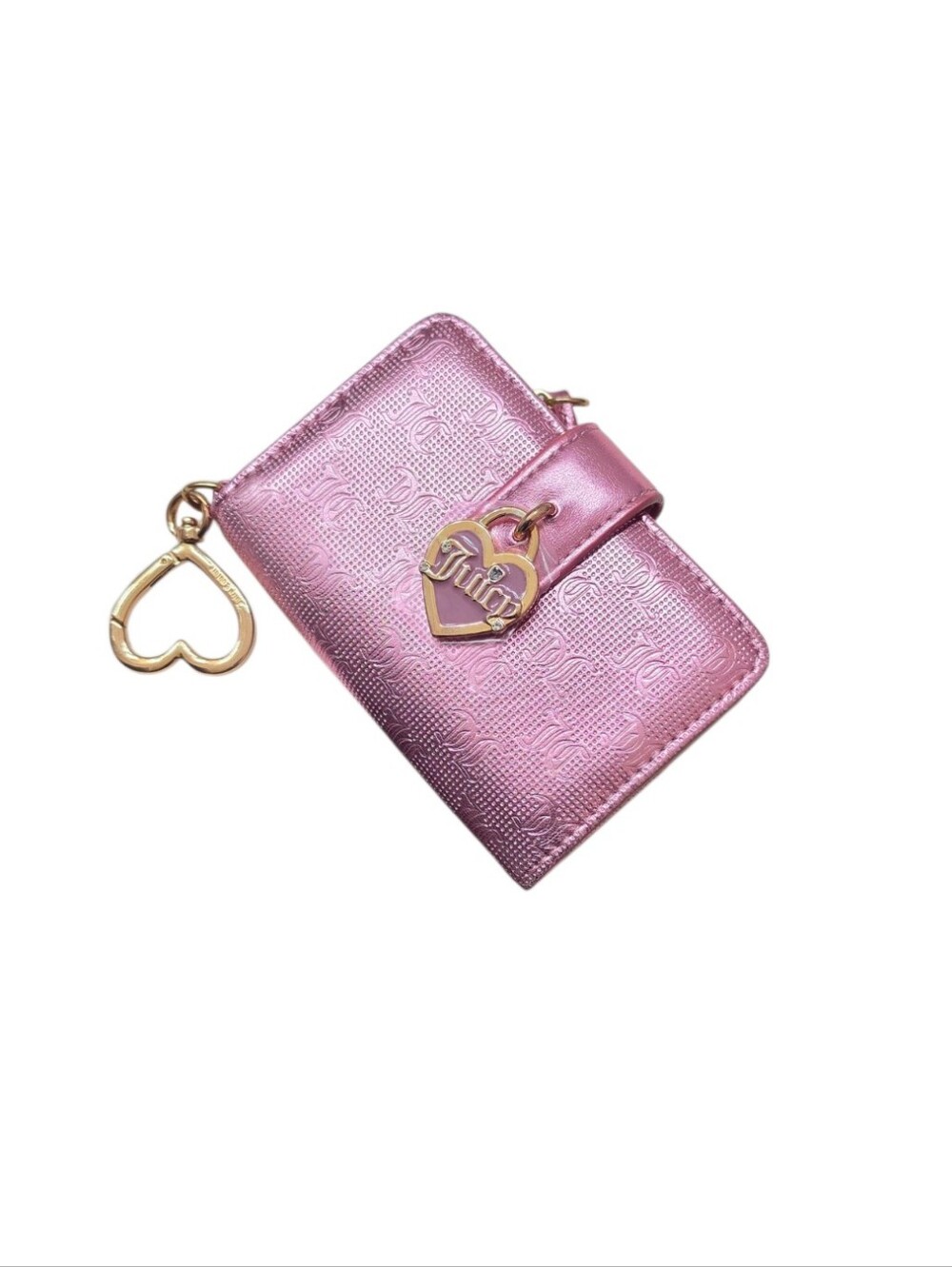 Juicy Couture Metalic Blush Pink Monogram Card Holder Wallet with Heart Keychain